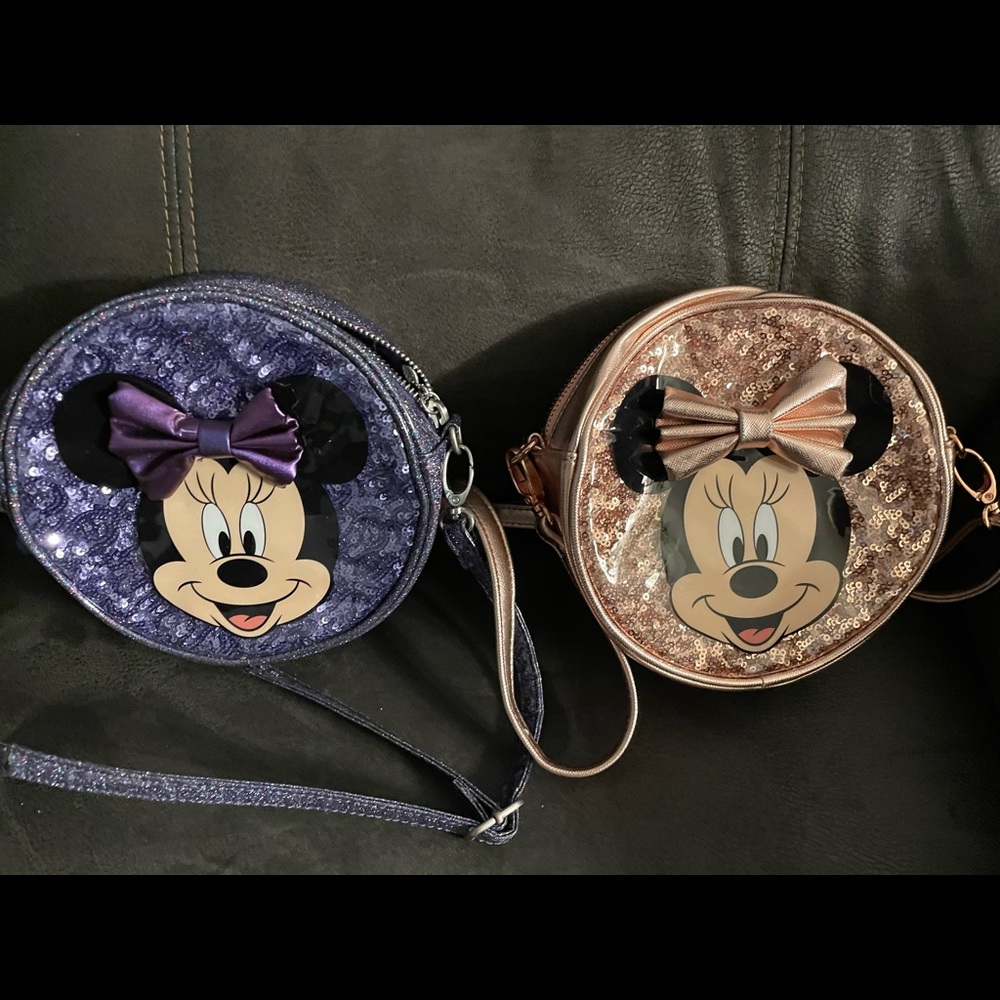 2 Disney Parks Minnie Mouse Rose Gold Sequin & purple Crossbody Purse Bag Round